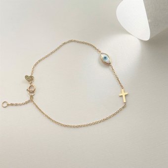 Βραχιόλι με ματάκι και σταυρό - ΚΙΤΡΙΝΟ, ΧΡΥΣΟΣ K9, ΓΥΑΛΙΣΤΕΡΟ, MOTHER OF PEARL