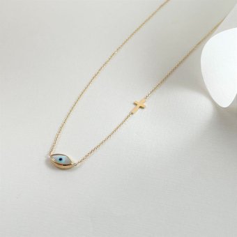 Κολιέ με ματάκι και σταυρό - ΚΙΤΡΙΝΟ, ΧΡΥΣΟΣ K9, ΓΥΑΛΙΣΤΕΡΟ, MOTHER OF PEARL