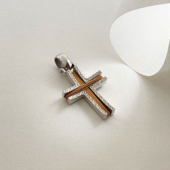 Σταυρός δίχρωμος με τυλισμένο σύρμα - ΚΙΤΡΙΝΟ-ΛΕΥΚΟ, ΧΡΥΣΟΣ K14, ΜΑΤ-ΓΥΑΛΙΣΤΕΡΟ