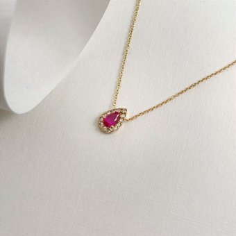 Κολιέ αλυσίδα με κόκκινη ροζέτα δάκρυ - ΚΙΤΡΙΝΟ, ΧΡΥΣΟΣ K9, ΖΙΡΓΚΟΝ, RED, ΖΙΡΓΚΟΝ, WHITE, 42cm