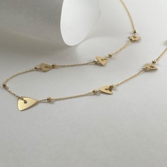 Κολίε αλυσίδα με τρίγωνα και διαμανταρισμένες χάντρες - ΚΙΤΡΙΝΟ, ΧΡΥΣΟΣ K14, 43cm