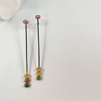 Σκουλαρίκια μακριές βέργες με πολύχρωμες πέτρες από τουρμαλίνι - ΚΙΤΡΙΝΟ-ΜΑΥΡΟ, ΤΟΥΡΜΑΛΙΝΗ, ΧΡΥΣΟΚΟΛΛΑ, BROWN - 1
