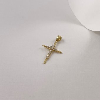 Μενταγιόν σταυρός με λευκά ζιργκόν - ΚΙΤΡΙΝΟ, ΧΡΥΣΟΣ K9, ΓΥΑΛΙΣΤΕΡΟ, ΖΙΡΓΚΟΝ, WHITE