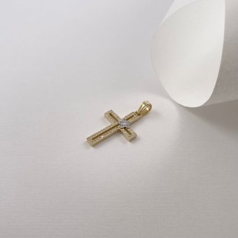 Σταυρός δίχρωμος με λουλούδι και ζιργκόν - ΚΙΤΡΙΝΟ-ΛΕΥΚΟ, ΧΡΥΣΟΣ K14, ΓΥΑΛΙΣΤΕΡΟ, ΖΙΡΓΚΟΝ, WHITE