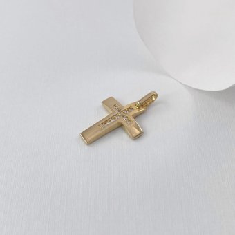 Σταυρός διπλής όψης με ζιργκόν - ΚΙΤΡΙΝΟ, ΧΡΥΣΟΣ K14, ΜΑΤ-ΓΥΑΛΙΣΤΕΡΟ, ΖΙΡΓΚΟΝ, WHITE