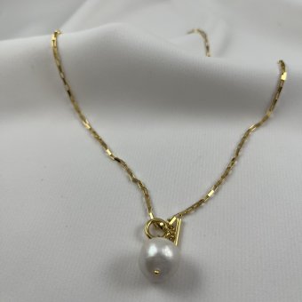 Κολιέ γραβάτα με αλυσίδα και μπαρόκ μαραγαριτάρι - ΚΙΤΡΙΝΟ, ΑΣΗΜΙ, ΜΑΡΓΑΡΙΤΑΡΙ, WHITE