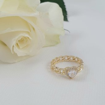 Δαχτυλίδι αλυσίδα με καρδιά με Ζιργκον - ΚΙΤΡΙΝΟ, ΑΣΗΜΙ, ΖΙΡΓΚΟΝ, WHITE