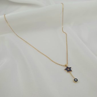 Κολιέ με μπλε αστέρι & μάτι - ΚΙΤΡΙΝΟ, ΑΣΗΜΙ, ΖΙΡΓΚΟΝ, BLUE - 1