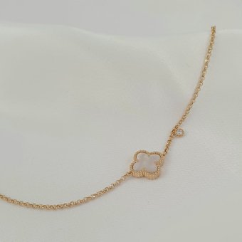 Βραχιόλι αλυσίδα με λουλούδι από Φίλντισι & μπάλα από λευκό Ζιργκον - ΚΙΤΡΙΝΟ, ΑΣΗΜΙ, MOTHER OF PEARL, WHITE, ΖΙΡΓΚΟΝ, WHITE