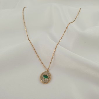 Κολιέ αλυσίδα Μάτι με πράσινο & λευκά Ζιργκόν - ΚΙΤΡΙΝΟ, ΑΣΗΜΙ, ΖΙΡΓΚΟΝ, GREEN , ΖΙΡΓΚΟΝ, WHITE - 1