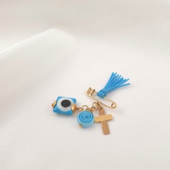 Παραμάνα χρυσή παιδική με Σταυρό, Μάτι & Φούντα από γαλάζιο Σμάλτο & Μουράνο - ΚΙΤΡΙΝΟ, ΧΡΥΣΟΣ K14, ΣΜΑΛΤΟ, LIGHT BLUE, ΜΟΥΡΑΝΟ, LIGHT BLUE