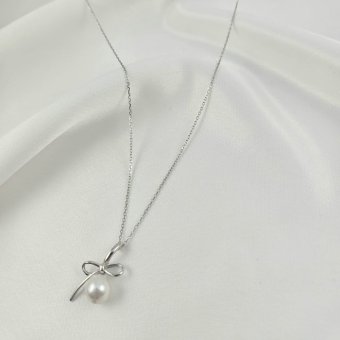 Κολιέ αλυσίδα ασημένια με μενταγιόν φιόγκο & Μαργαριτάρι - ΛΕΥΚΟ, ΑΣΗΜΙ, ΜΑΡΓΑΡΙΤΑΡΙ, WHITE