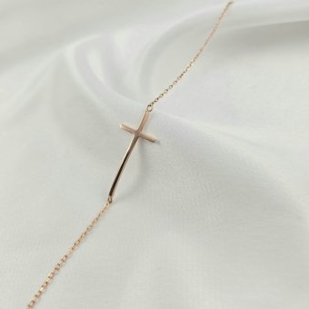 Βραχιόλι αλυσίδα από ροζ χρυσό με Σταυρό - ΡΟΖ, ΧΡΥΣΟΣ K14 - 1