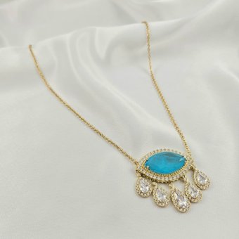 Κολιέ αλυσίδα με μενταγιόν με λευκά & acqua Ζιργκον - ΚΙΤΡΙΝΟ, ΑΣΗΜΙ, ΖΙΡΓΚΟΝ, WHITE, ΖΙΡΓΚΟΝ, AQUA - 1