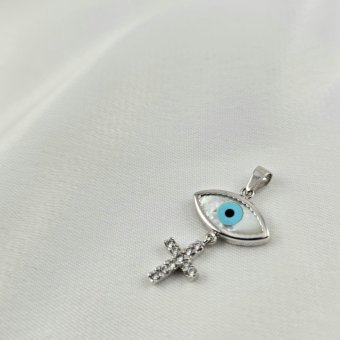 Μενταγιόν φυλακτό λευκόχρυσο ματάκι & σταυρός με Φίλντισι & Ζιργκον - ΛΕΥΚΟ, ΧΡΥΣΟΣ K14, MOTHER OF PEARL, WHITE, ΖΙΡΓΚΟΝ, WHITE