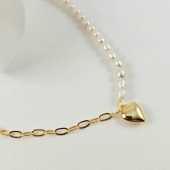 Βραχιόλι με αλυσίδα, Μαργαριτάρια & καρδιά - ΚΙΤΡΙΝΟ, ΑΣΗΜΙ, ΜΑΡΓΑΡΙΤΑΡΙ, WHITE