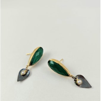 Σκουλαρίκια κρεμαστά με πράσινο Όνυχα & Μαργαριτάρι - ΚΙΤΡΙΝΟ-ΜΑΥΡΟ, ΑΣΗΜΙ, ΟΝΥΧΑΣ, GREEN , ΜΑΡΓΑΡΙΤΑΡΙ, WHITE