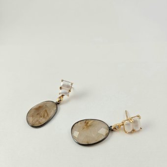 Σκουλαρίκια κρεμαστά με Ρουτίλιο & Μαργαριτάρια - ΚΙΤΡΙΝΟ-ΜΑΥΡΟ, ΑΣΗΜΙ, ΜΑΡΓΑΡΙΤΑΡΙ, WHITE