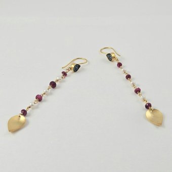 Σκουλαρίκια κρεμαστά με μαύρο Διαμάντι, Ρουμπίλιο & Μαργαριτάρια - ΚΙΤΡΙΝΟ, ΑΣΗΜΙ, ΜΑΡΓΑΡΙΤΑΡΙ, WHITE, ΡΟΥΜΠΙΝΙ, RUBY