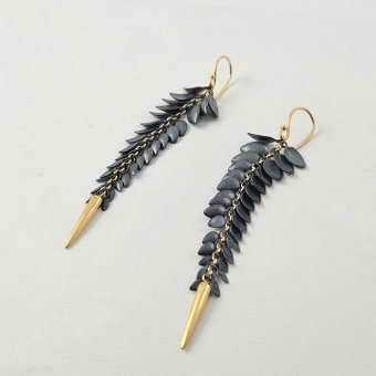 Σκουλαρίκια κρεμαστά με φύλλα - ΚΙΤΡΙΝΟ-ΜΑΥΡΟ, ΑΣΗΜΙ