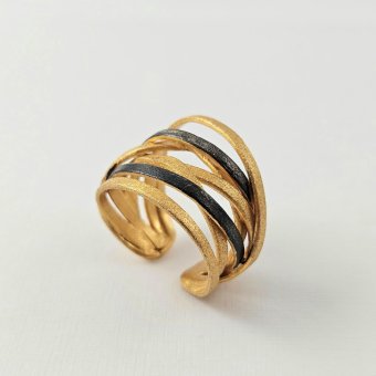 Δαχτυλίδι δίχρωμο με πολλαπλές σειρές  - ΚΙΤΡΙΝΟ-ΜΑΥΡΟ, ΑΣΗΜΙ